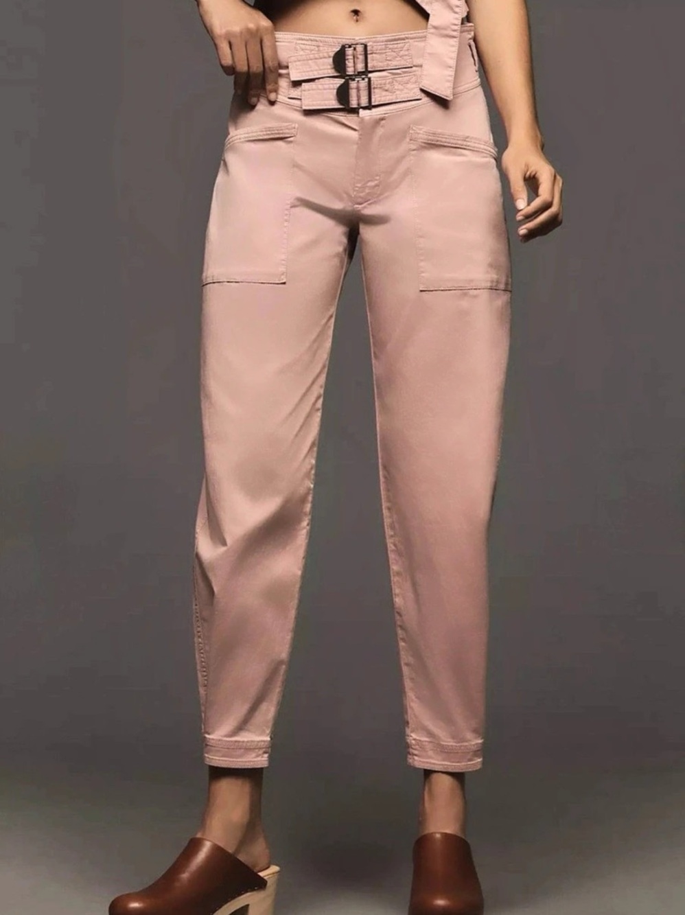 By Anthropologie Linen Blend Buckle-Front Pink Barrel Pants Sz 2